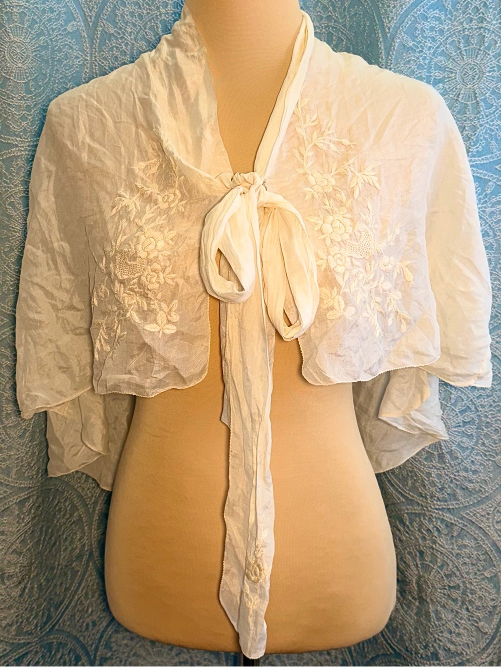 As-Is Antique 1920s 1930s Sheer Silk Satin Embroidered Capelet Bed Jacket
